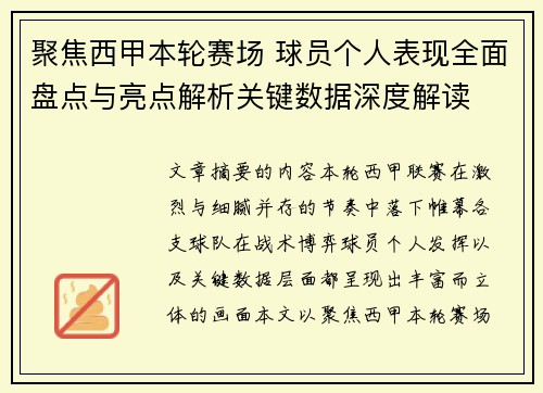 聚焦西甲本轮赛场 球员个人表现全面盘点与亮点解析关键数据深度解读