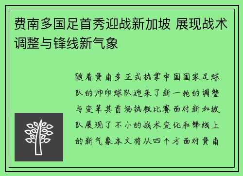 费南多国足首秀迎战新加坡 展现战术调整与锋线新气象